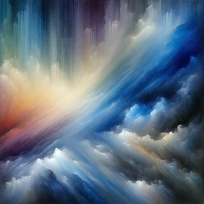 The primary subject of the image is a painting of a cloudy sky. The setting is a cloudy sky with a blue background. The visual style is a digital art or illustration, creating a vibrant and dynamic atmosphere. The dominant colors are blue and white, with the blue background and white clouds, giving the painting a calming and serene mood.